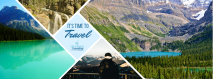 The Canadian Rockies by Rail Travel-themed collage with turquoise lake and mountain scenery; center diamond says "It's time to Travel".